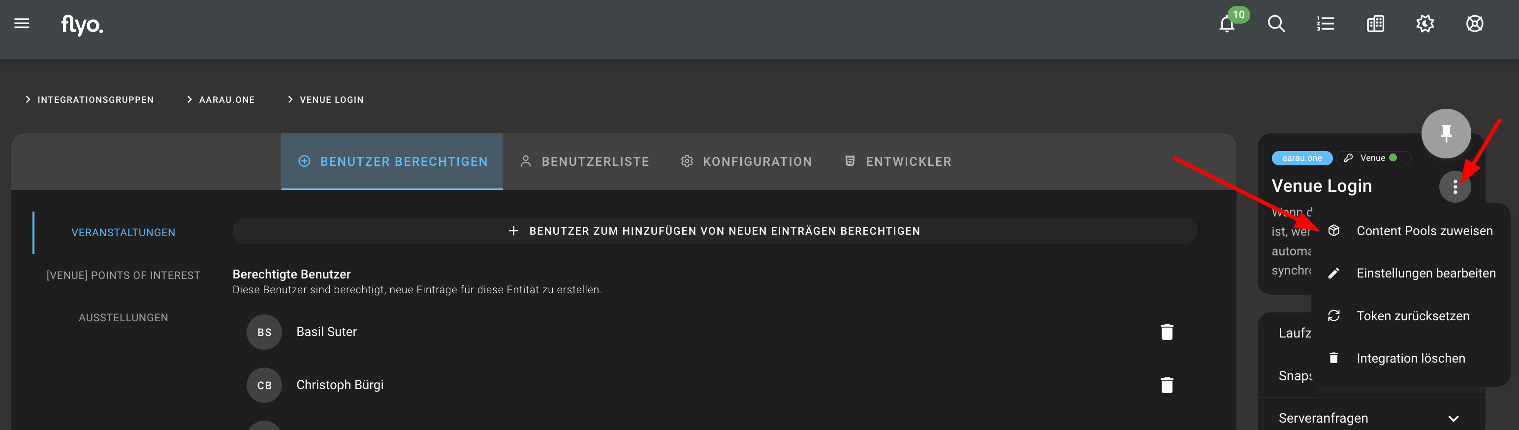 Venue-Integration: neue / andere Pools zuweisen Screenshot aus der Venue-Integration: neue / andere Pools zuweisen