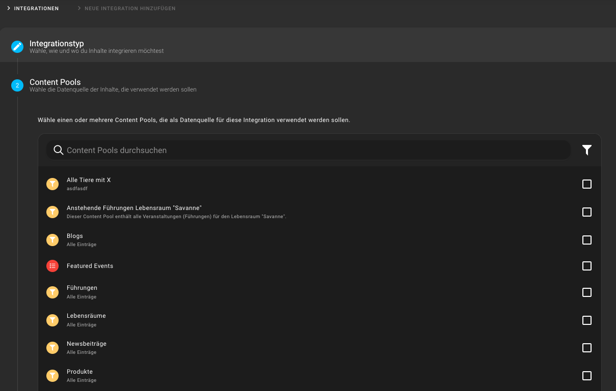 Content Pools auswählen für die API