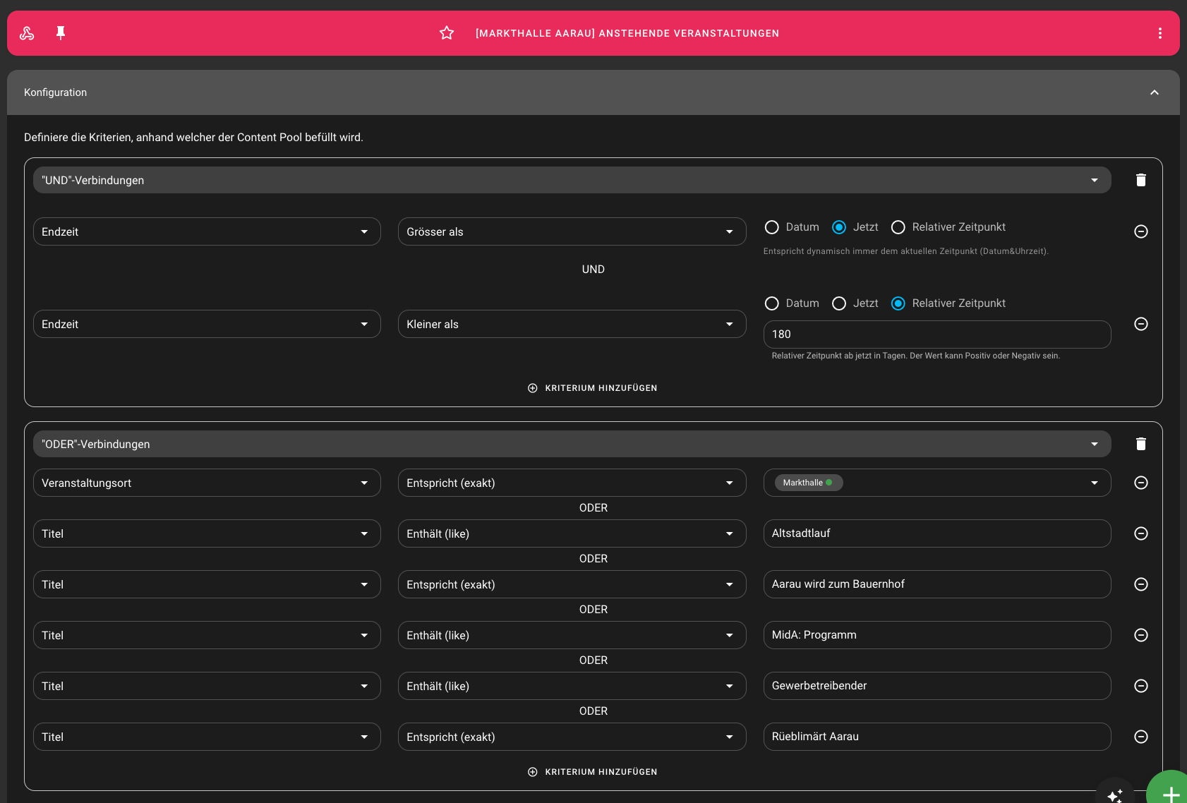 Screenshot regelbasierter Content Pool